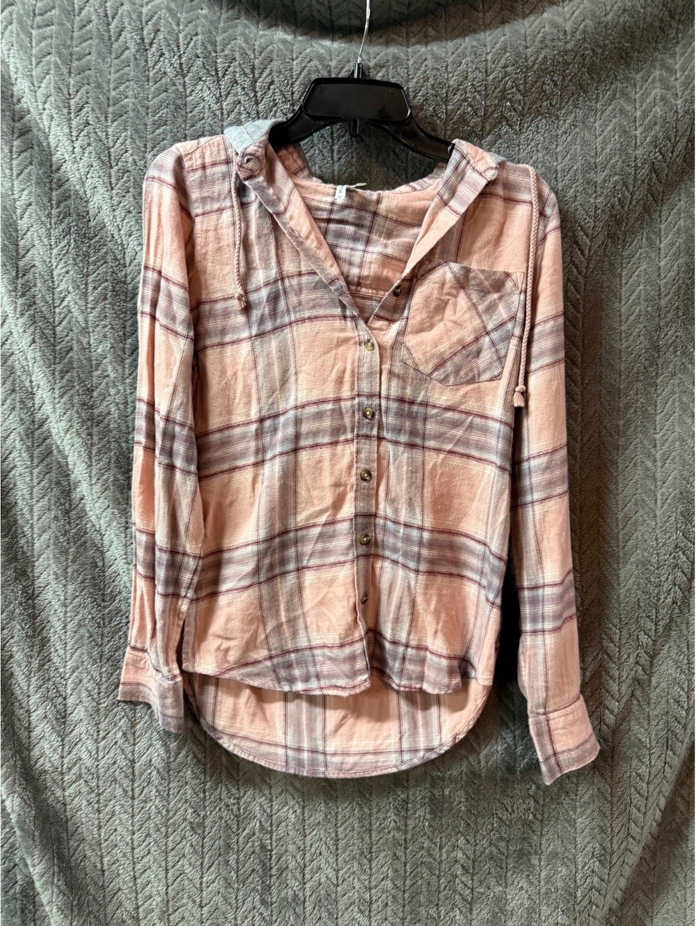 Mudd Pink and Gray Plaid Button-Up Hooded Shirt
